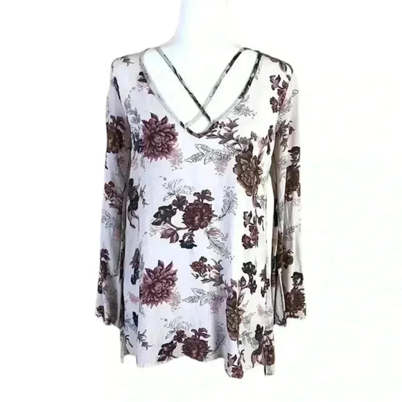 Free People Floral Rayon Cross Strap Bell Sleeve Shift Tunic Blouse Size XS - Picture 1 of 16
